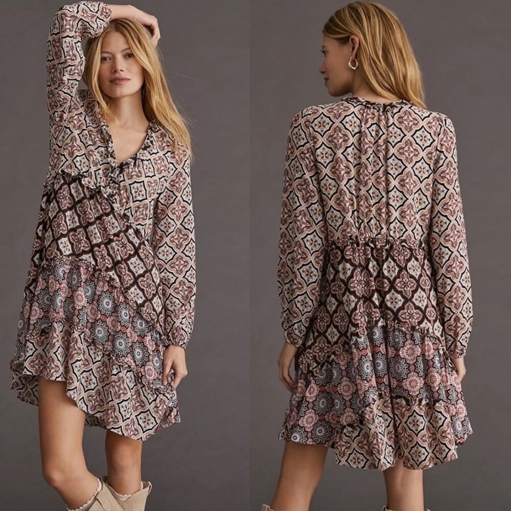 Anthropologie Boho Tile-Print Mini Dress in Brown and Cream